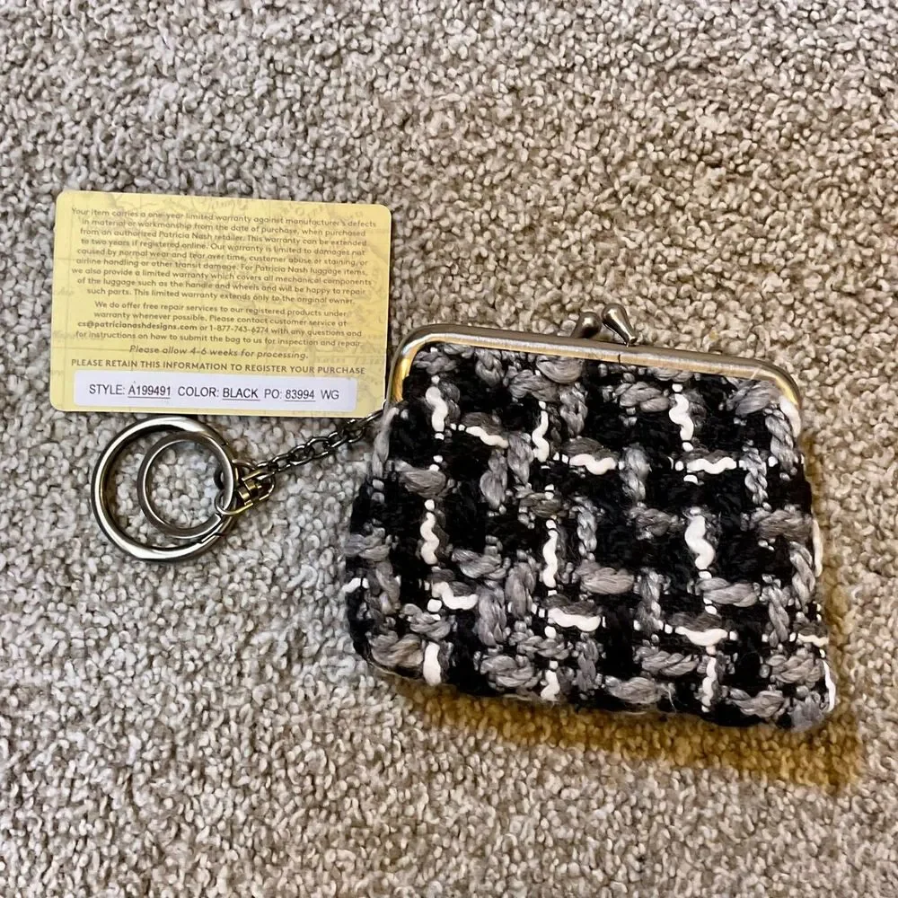 Patricia Nash Kiss Lock Coin Purse Tweed Wallet with Keyring Black White A199491